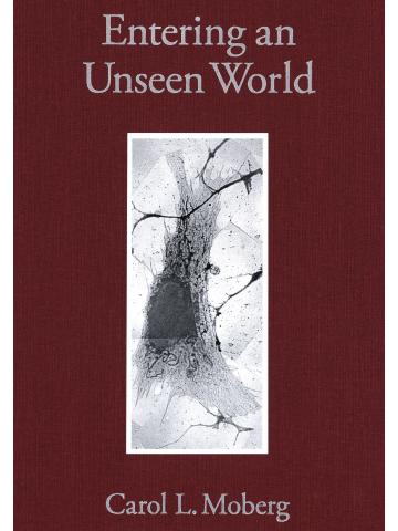 Maroon background with title in gold lettering at the top. Grayscale image of cell is in center.